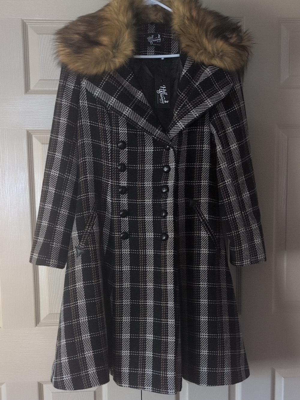 Hell Bunny Black and Ivory Plaid Faux-Fur Collar Pea Coat